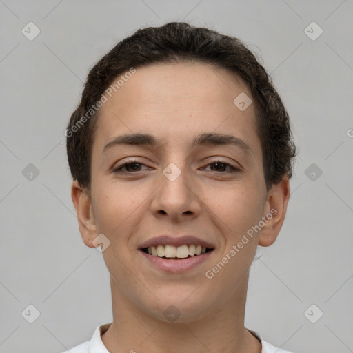 Joyful white young-adult female with short  brown hair and brown eyes