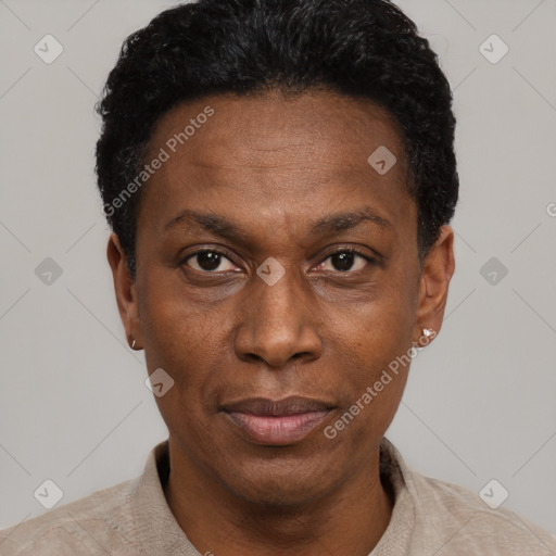 Neutral black adult male with short  black hair and brown eyes