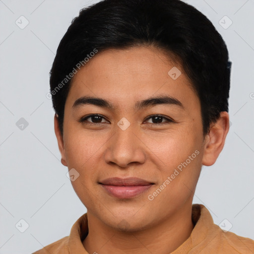 Joyful asian young-adult female with short  brown hair and brown eyes