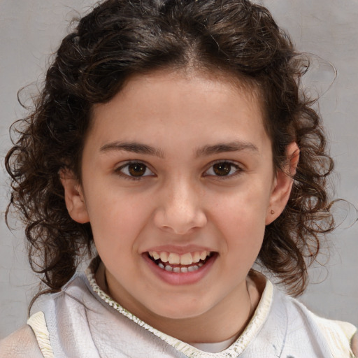 Joyful white child female with medium  brown hair and brown eyes