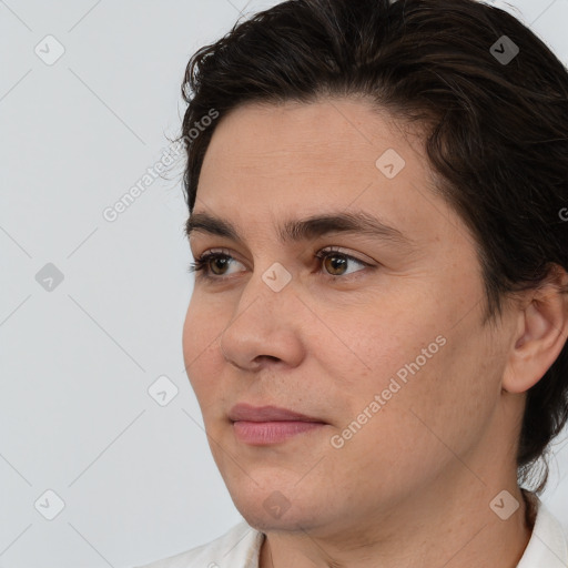 Joyful white young-adult male with medium  brown hair and brown eyes