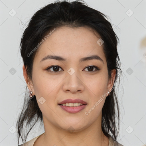 Joyful asian young-adult female with medium  brown hair and brown eyes