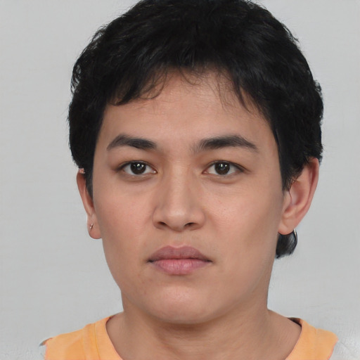 Neutral asian young-adult male with short  black hair and brown eyes