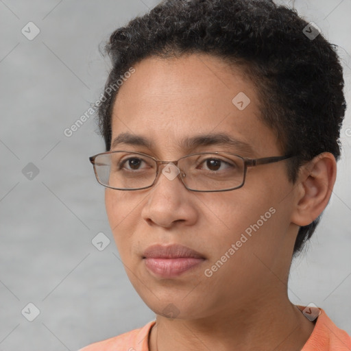 Joyful latino young-adult female with short  brown hair and brown eyes