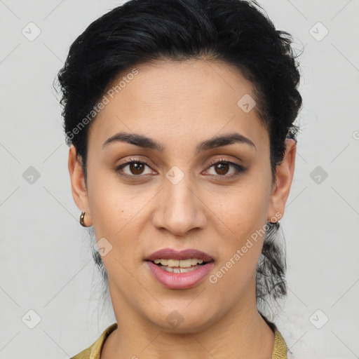 Joyful latino young-adult female with short  black hair and brown eyes