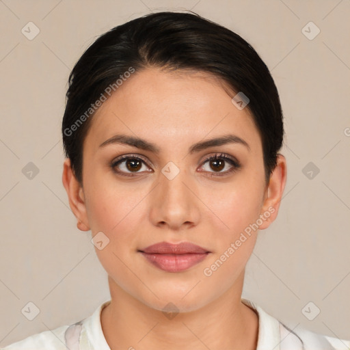 Joyful white young-adult female with medium  brown hair and brown eyes