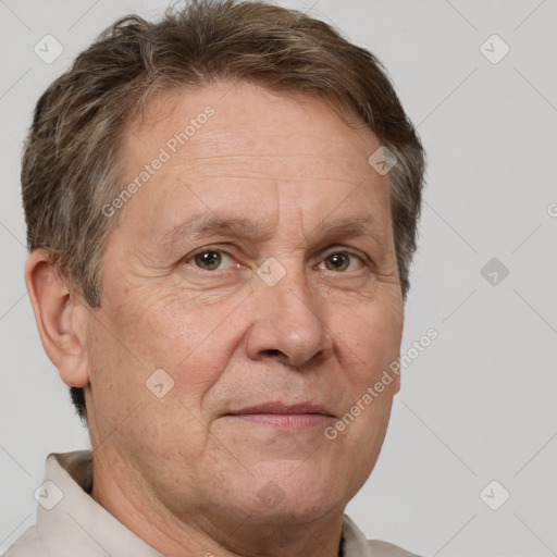 Joyful white middle-aged male with short  brown hair and brown eyes