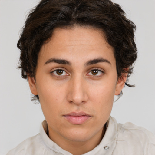 Neutral white young-adult female with short  brown hair and brown eyes