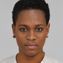 Neutral black young-adult female with short  black hair and brown eyes