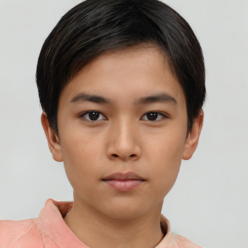 Neutral asian young-adult female with short  brown hair and brown eyes