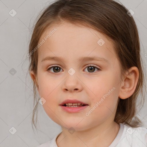 Joyful white child female with medium  brown hair and brown eyes