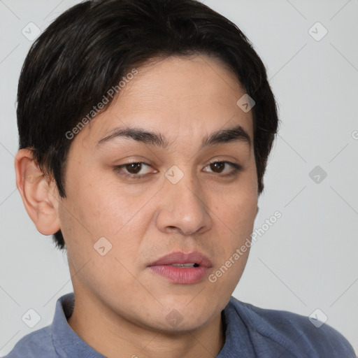 Neutral white young-adult female with short  brown hair and brown eyes