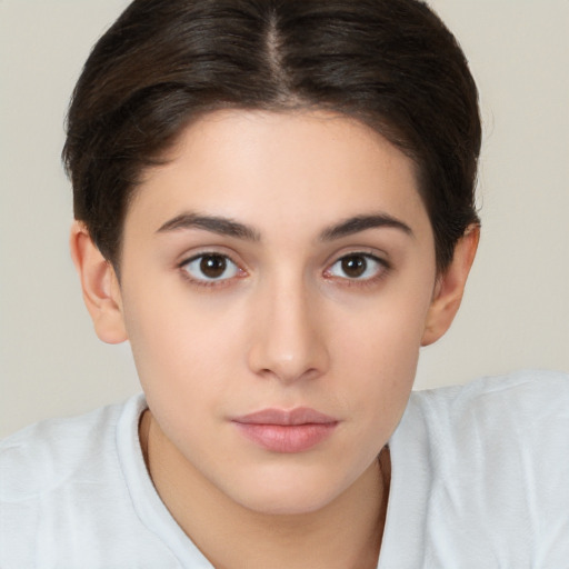 Neutral white young-adult female with short  brown hair and brown eyes