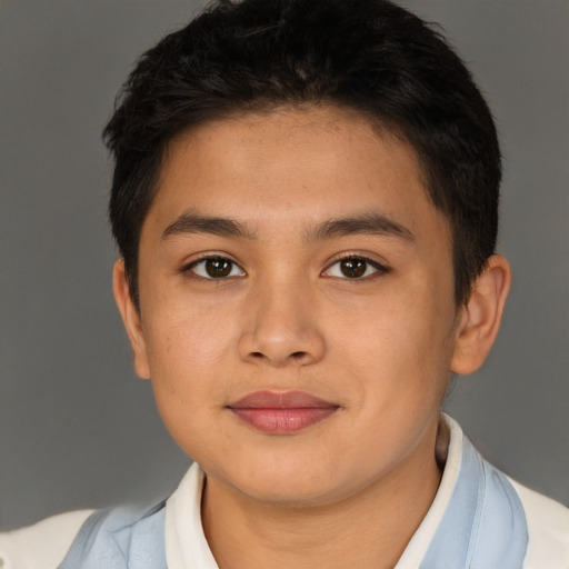 Joyful latino young-adult male with short  brown hair and brown eyes
