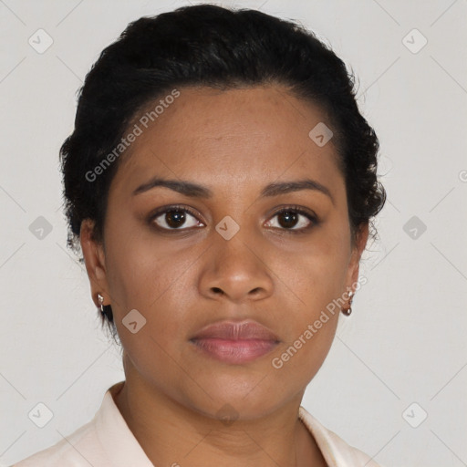 Neutral latino young-adult female with short  black hair and brown eyes
