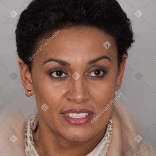 Joyful black young-adult female with short  brown hair and brown eyes