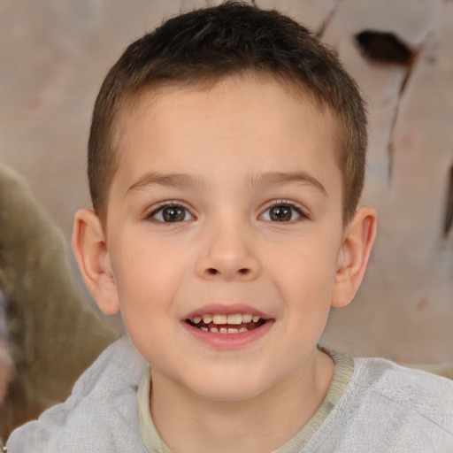 Joyful white child male with short  brown hair and brown eyes