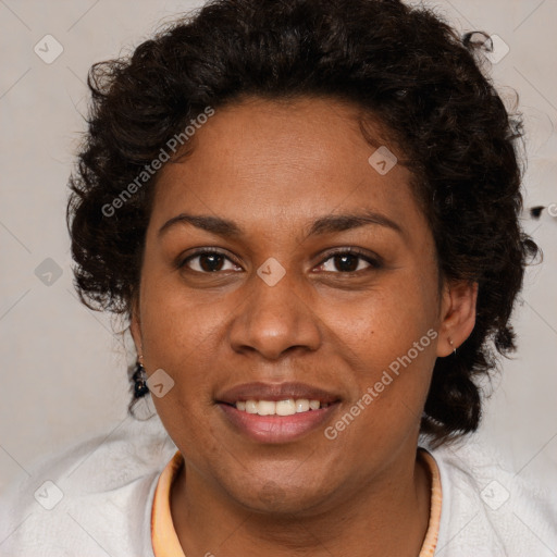 Joyful black young-adult female with medium  brown hair and brown eyes