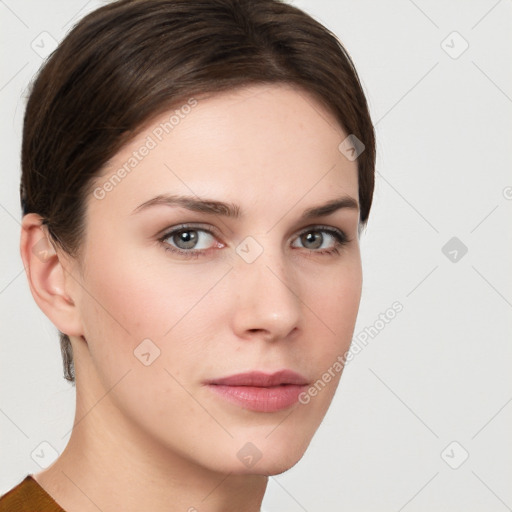 Neutral white young-adult female with short  brown hair and brown eyes