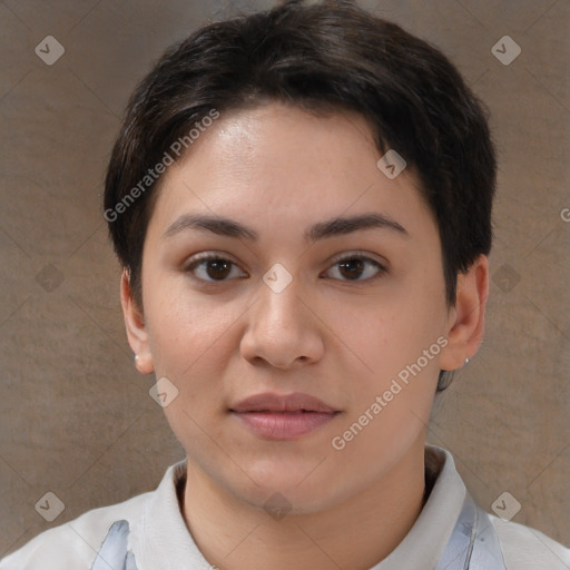 Neutral white young-adult female with short  brown hair and brown eyes