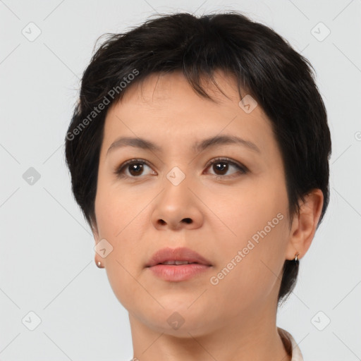 Neutral asian young-adult female with short  brown hair and brown eyes