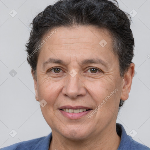 Joyful white middle-aged male with short  brown hair and brown eyes