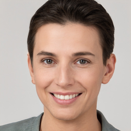 Joyful white young-adult female with short  brown hair and brown eyes