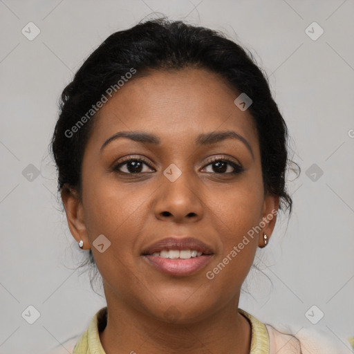 Joyful black young-adult female with medium  brown hair and brown eyes