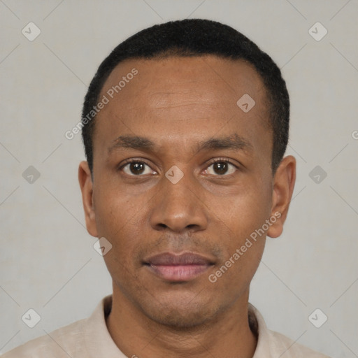 Neutral black young-adult male with short  black hair and brown eyes