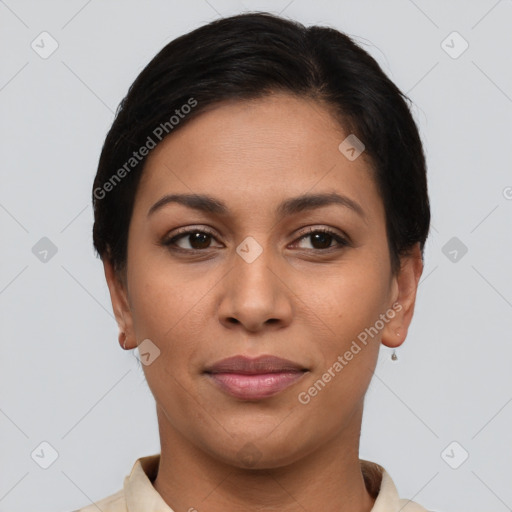 Joyful latino young-adult female with short  brown hair and brown eyes