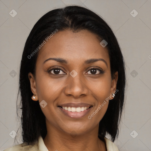 Joyful black young-adult female with medium  brown hair and brown eyes