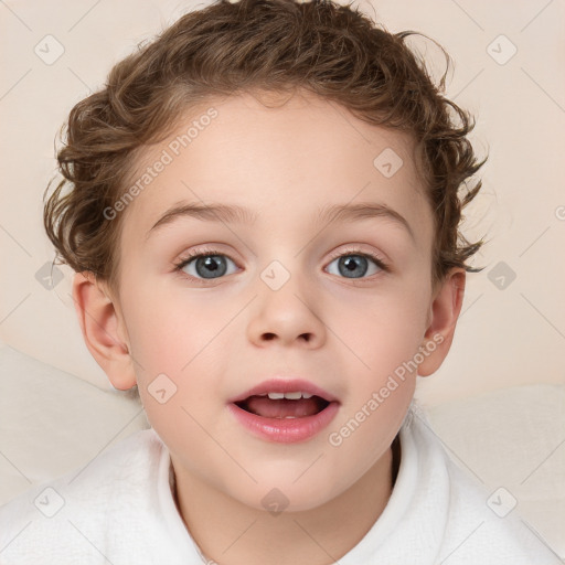 Joyful white child female with short  brown hair and brown eyes