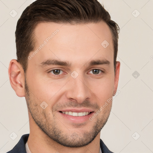 Joyful white young-adult male with short  brown hair and brown eyes