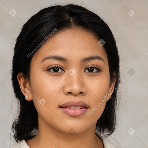 Joyful asian young-adult female with medium  black hair and brown eyes