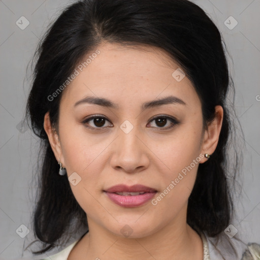 Joyful asian young-adult female with medium  brown hair and brown eyes