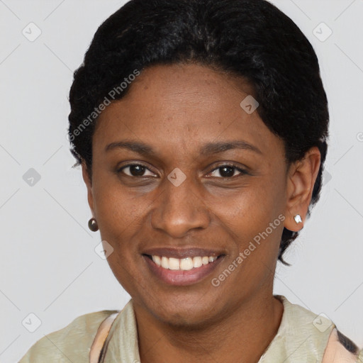 Joyful latino young-adult female with short  black hair and brown eyes