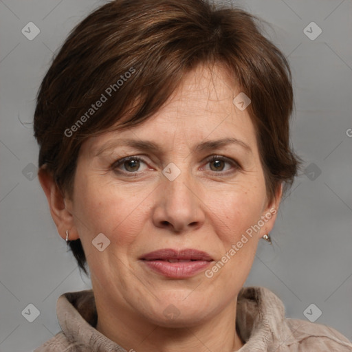 Joyful white adult female with medium  brown hair and grey eyes