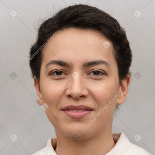 Joyful white young-adult female with short  brown hair and brown eyes