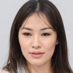 Neutral asian young-adult female with long  brown hair and brown eyes