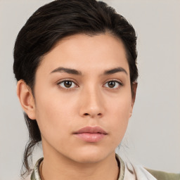 Neutral white young-adult female with medium  brown hair and brown eyes