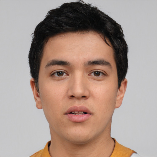Neutral white young-adult male with short  black hair and brown eyes