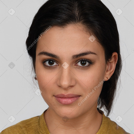 Joyful latino young-adult female with medium  brown hair and brown eyes