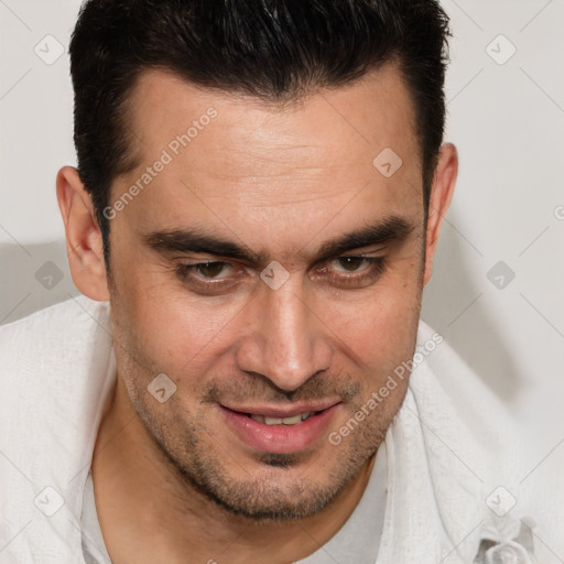 Joyful white adult male with short  brown hair and brown eyes