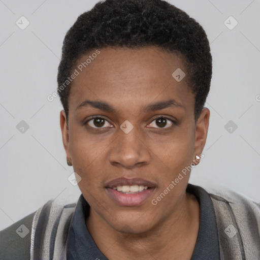 Joyful black young-adult female with short  brown hair and brown eyes