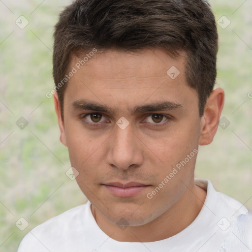 Neutral white young-adult male with short  brown hair and brown eyes