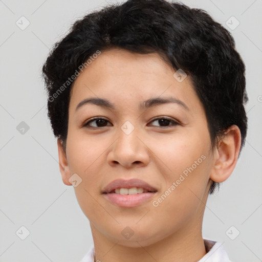 Joyful asian young-adult female with short  brown hair and brown eyes