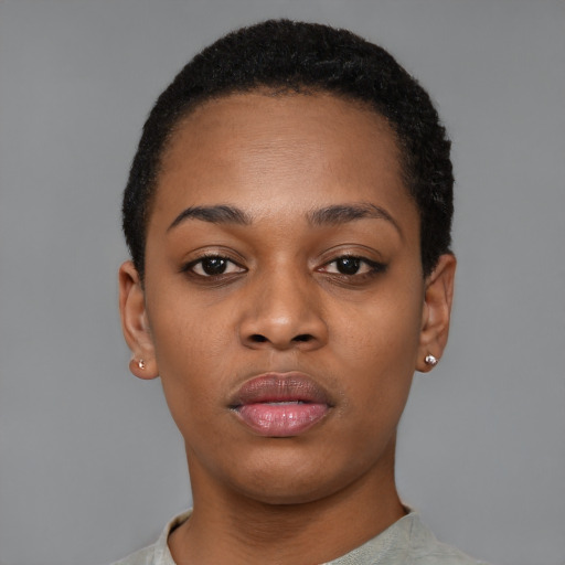 Neutral black young-adult female with short  black hair and brown eyes