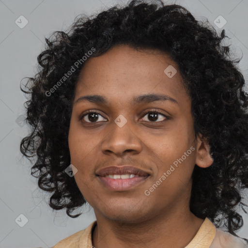 Joyful black young-adult female with medium  black hair and brown eyes