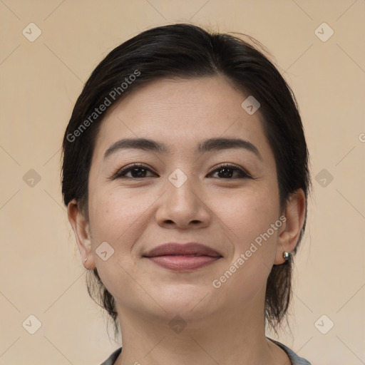 Joyful white young-adult female with medium  brown hair and brown eyes