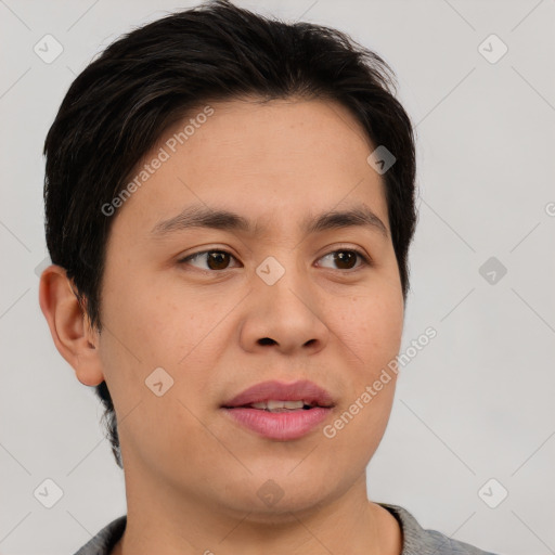 Joyful asian young-adult male with short  brown hair and brown eyes